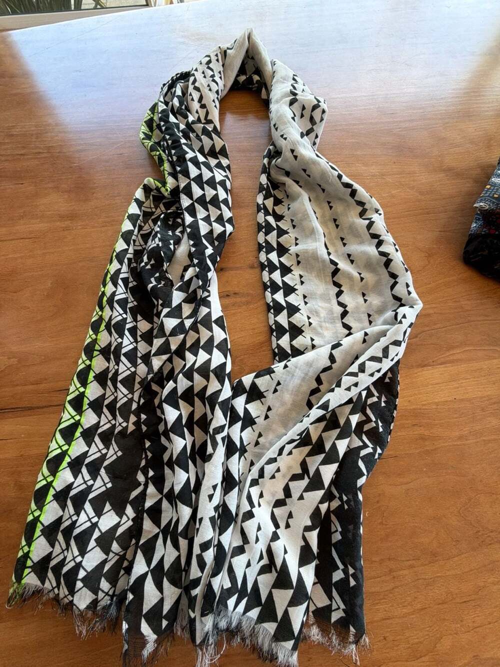 Evelyn K New York Black and White Geometric Print Scarf with Neon Green Trim